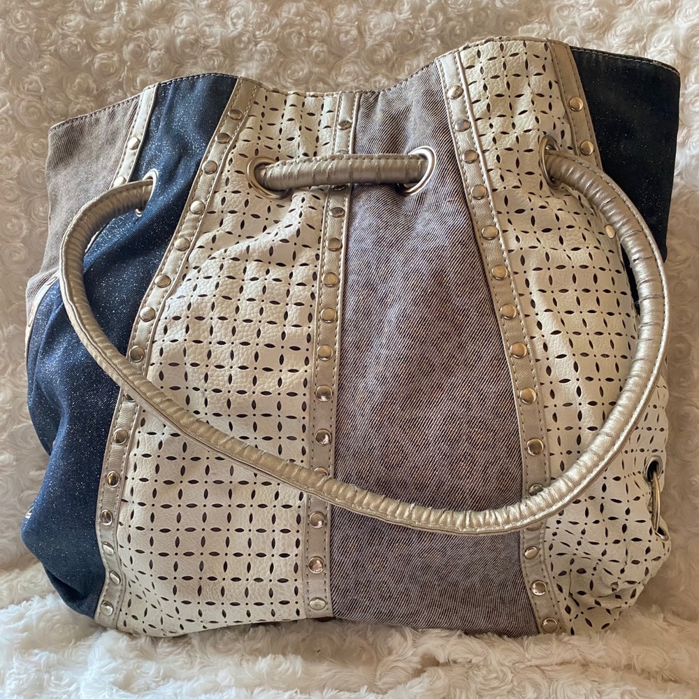Denim Silver White & Leopard Faux Leather Handbag